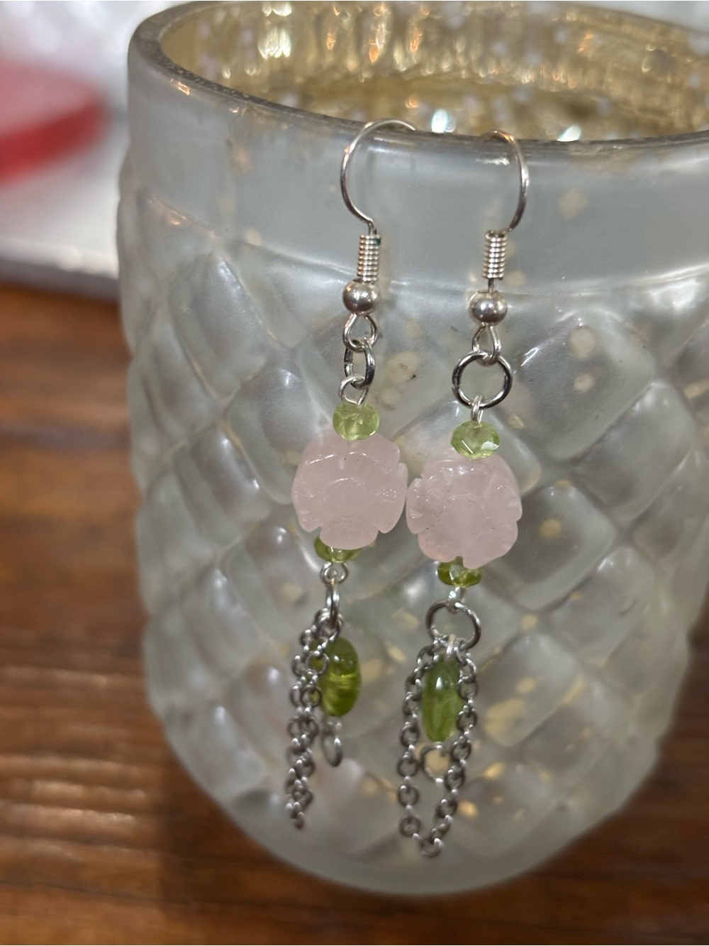 Handcrafted Pink Rose & Green Bead Dangle Earrings